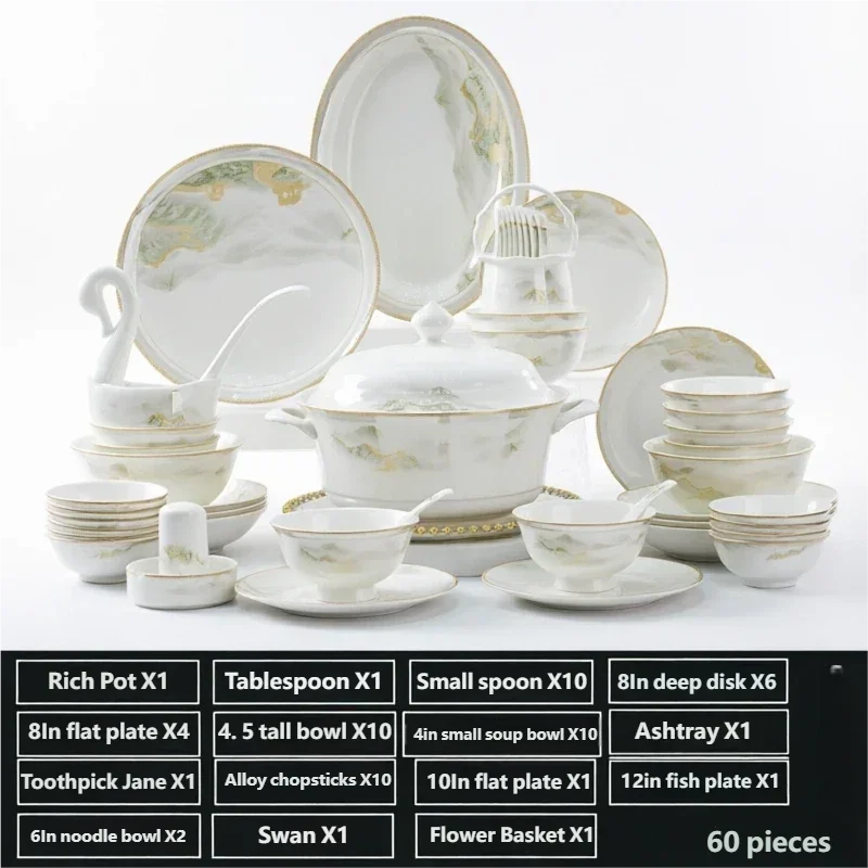 Tableware Set River And Mountain Scenery 18/38/56/60pcs Ceramics Dish Sets Full Set Luxury China Dinnerware Set For 4/10 Persons