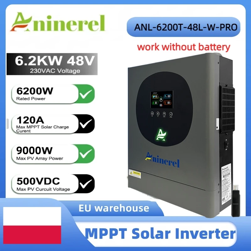 Aninerel 6.2KW 4.2KW 2KW 48V/24V/12V Hybrid Solar Inverter household Pure Sine Wave Inverter MPPT Solar Charge Controller WIFI