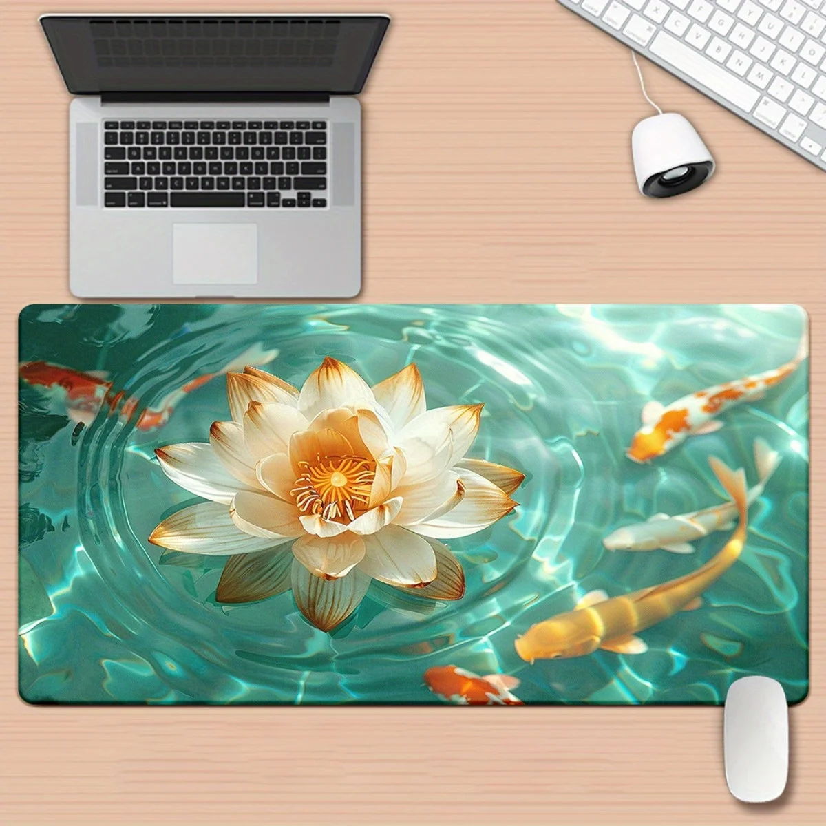 

The lotus pond design mouse pad is a large computer game accessory. It is made of high-quality rubber, durable and washable
