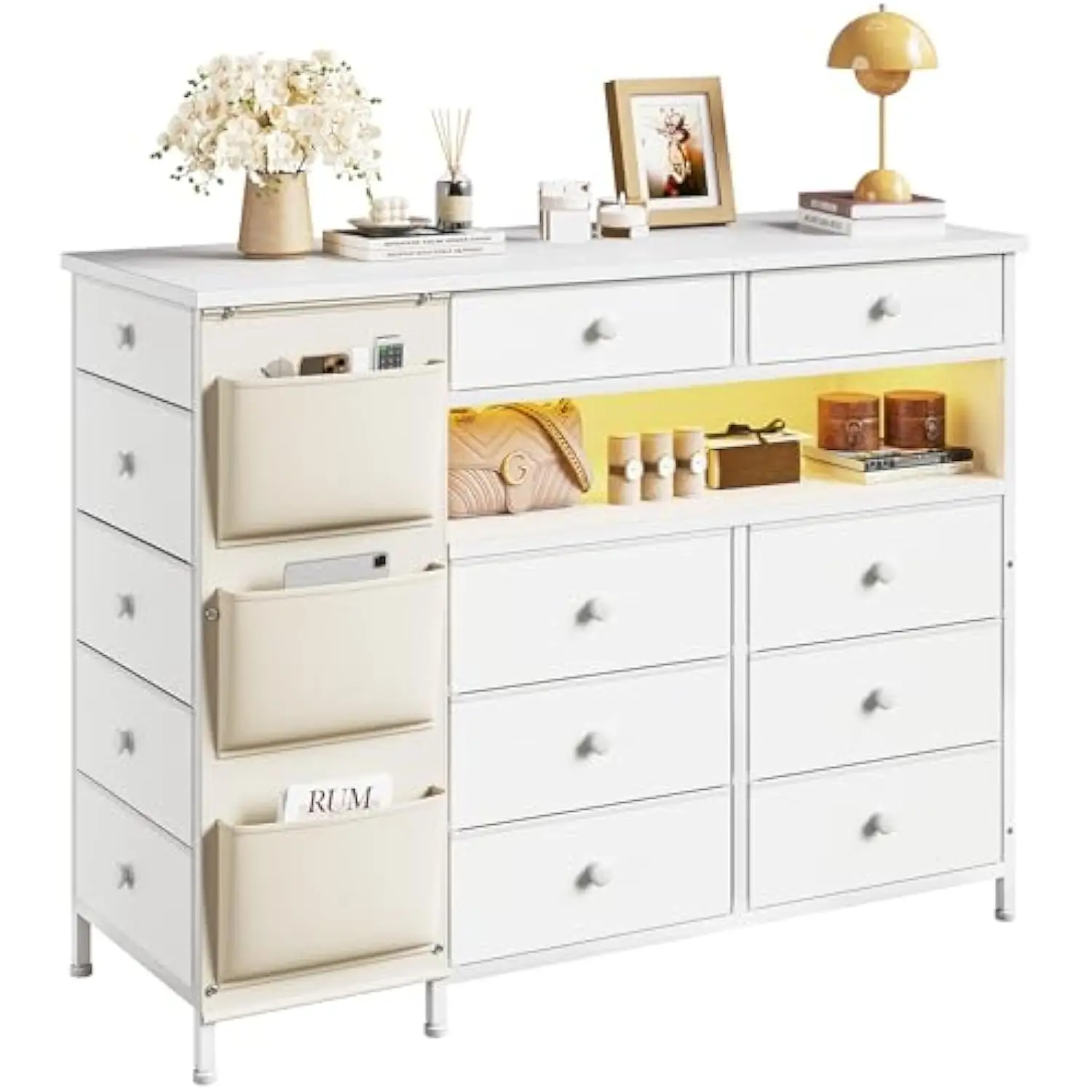 

White dresser for bedroom with 13 fabric drawers and led lights, closet island with drawers, dressers & chests of drawers with