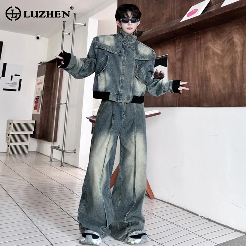 LUZHEN Standing Collar Personalized Patchwork Design Denim Jacket Short Two Piece Sets Men's Loose Street Men's Jeans LZ6548