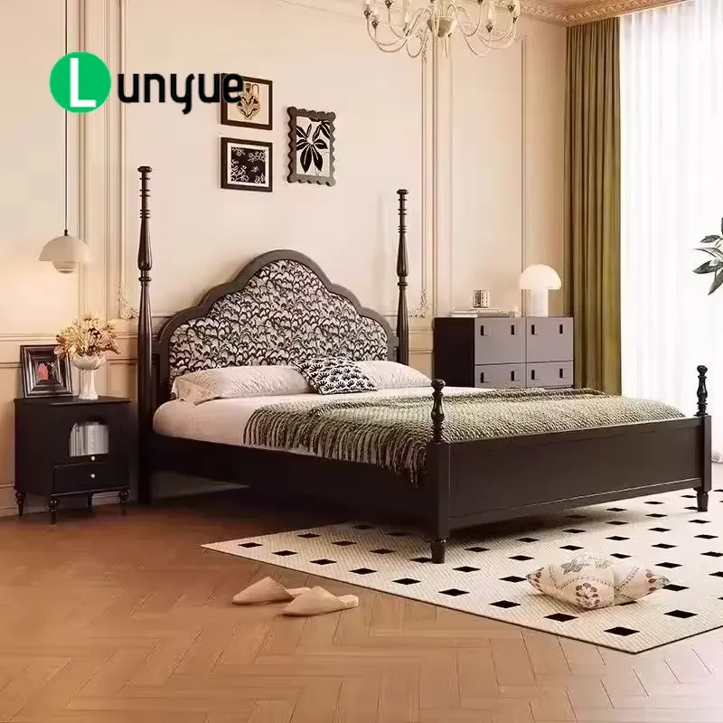 Mid Century Modern 1.5m Queen Size Platform Bed Hand Carved Solid Wood Soft Upholstered Double Bed Frame for Bedroom Home