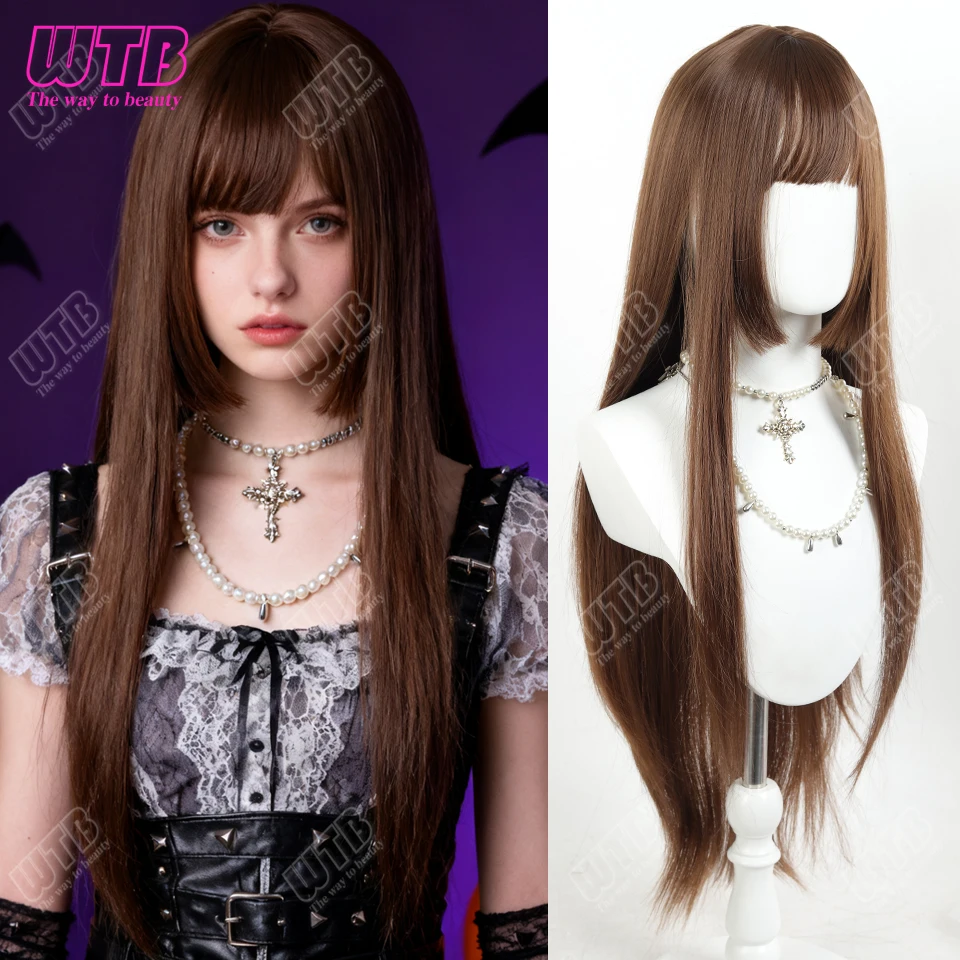 Lady's Brown Straight Hime Cut Synthetic Wig with Long Straight Hair - Suitable for Daily Halloween Cosplay Character Role-Play
