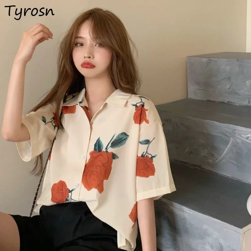 Shirts Women Fashion Vintage Design Leisure Summer Print Daily Loose Simple All-match Turn-down Collar Ladies New Mature Tender