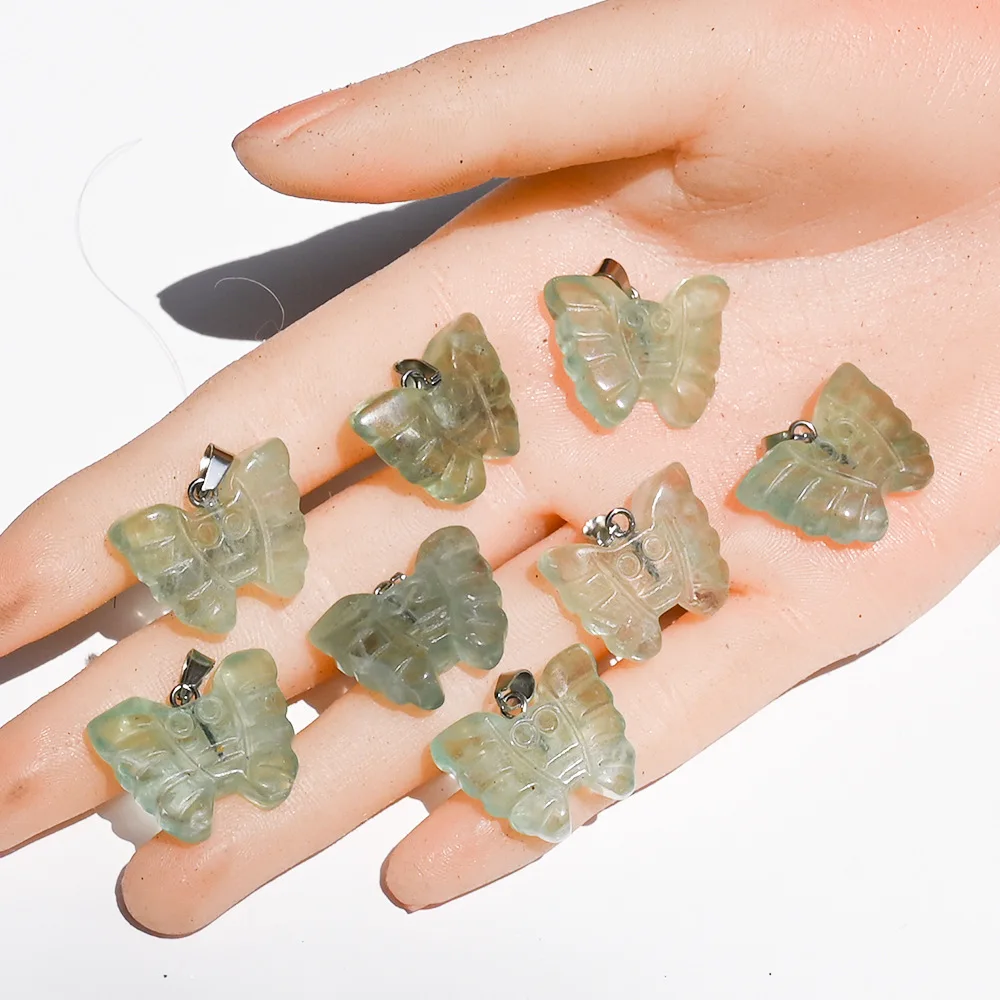 Natural crystal agate green fluorite colored fluorite amethyst powder crystal tiger's eye stone engraved small butterfly pendant