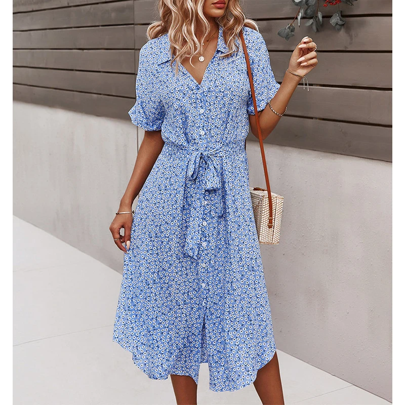 

Summer Women's Casual Floral Dress V-neck Lapel Short Sleeve Button Belt Big Swing Loose Dress Holiday Seaside Beach Sundress