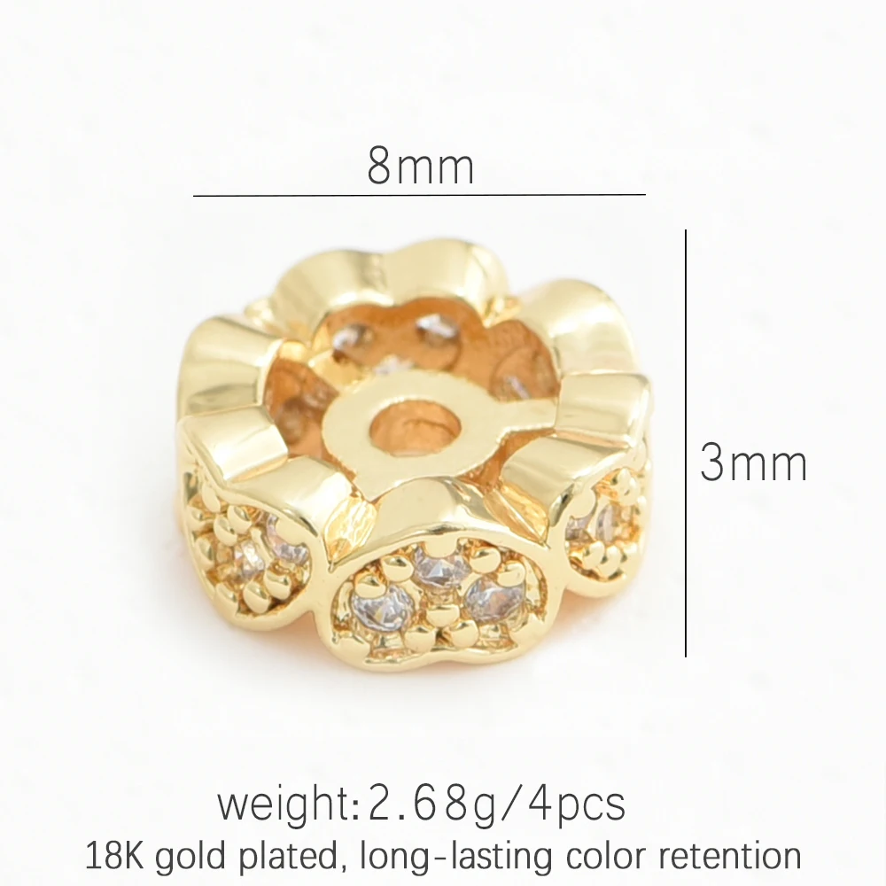 4PCS Gold / Rhodium Plated Brass Round Heart Spacer Beads With Zircon Beads Separators Jewelry Making Supplies DIY Accessories