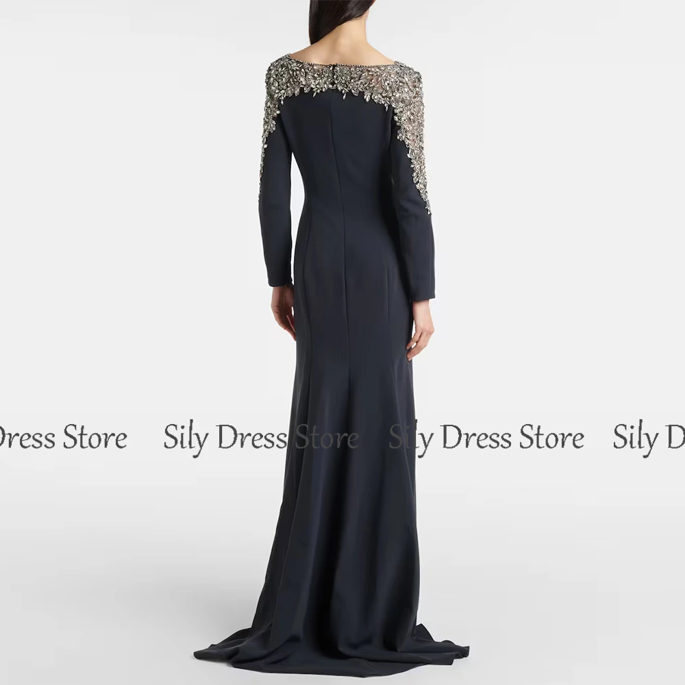 Crystals Luxury Mother Of The Bride Gowns Jersey Mermaid/Trumpet Formal Evening Dress Navy Blue Boat Neck Rhinestones Prom Gown image 3