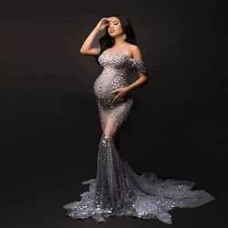 New Arrivals Elegant Shiny Rhinestones Off Shoulder Sexy Maternity Shoot Dress Sequin Fishtail Robe De Soiree