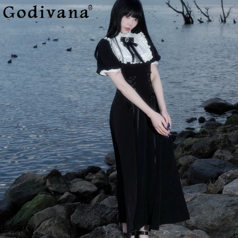 여성 여름 우아한 로리타 스타일 드레스 오리지널 디자인 프랑스어 레트로 드레스 여성 블랙 허리 Cinching 레이스 롱 드레스