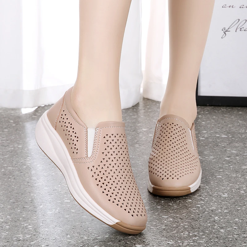 Hollow Elastic Women sneakers Slip On Larger Size Summer Wedges Outsole Ladies Shoes Sneakers Breathable loafers shoes for Woman