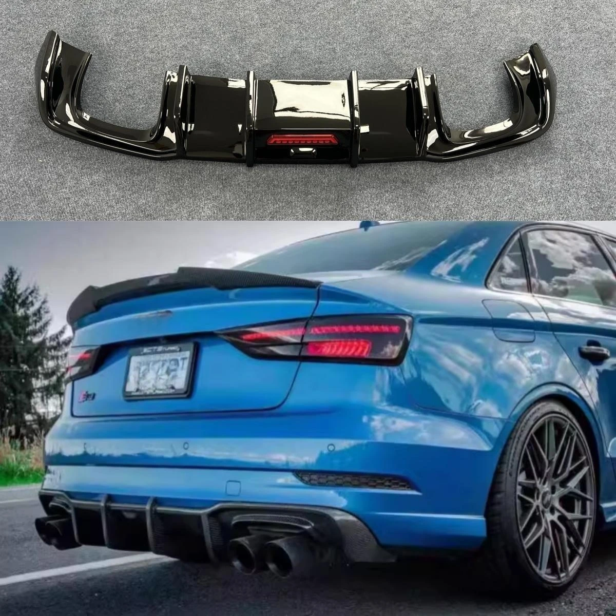 

Rear Bumper Lip Diffuser For Audi A3 S-Line S3 Hatchback Sedan (Not For A3 Standard）2017- 2020 With Exhaust Pipe Led ABS
