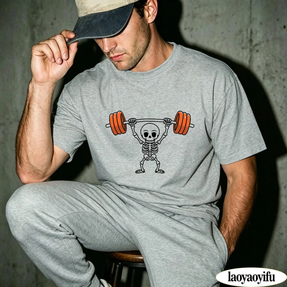 Skeleton Weightlifting Barbell Graphic Tee Summer Heather Grey Funny Gym Lover Daily Streetwear Casual Herren Tops