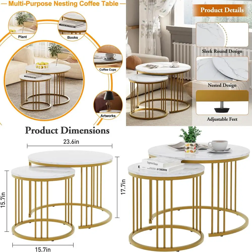 

White & Gold Faux Marble Nesting Tables - Modern Living Room & Bedroom Side Tables Set for Small Spaces