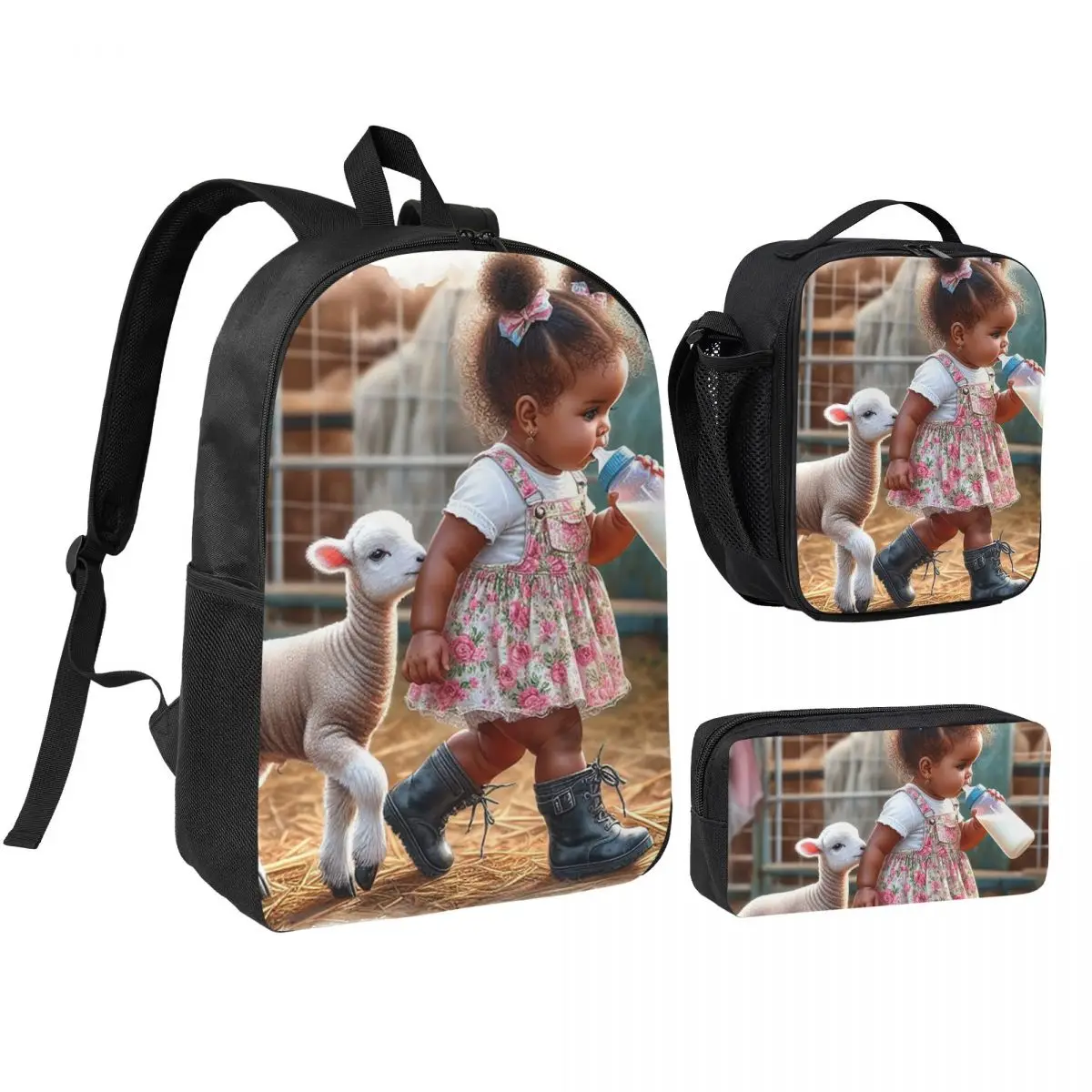 Farm Scene Little Girl And Lamb Backpack Boys Girls BookBag School Bag Shoulder Bags 3ps Insulated Lunch Bag Pencil Case