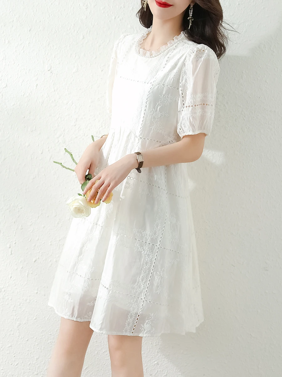 Blanco ahuecado encaje burbuja Sve A-Line Dr mujer verano Faion nueva llegada coreano Sle cintura suelta ort Sve