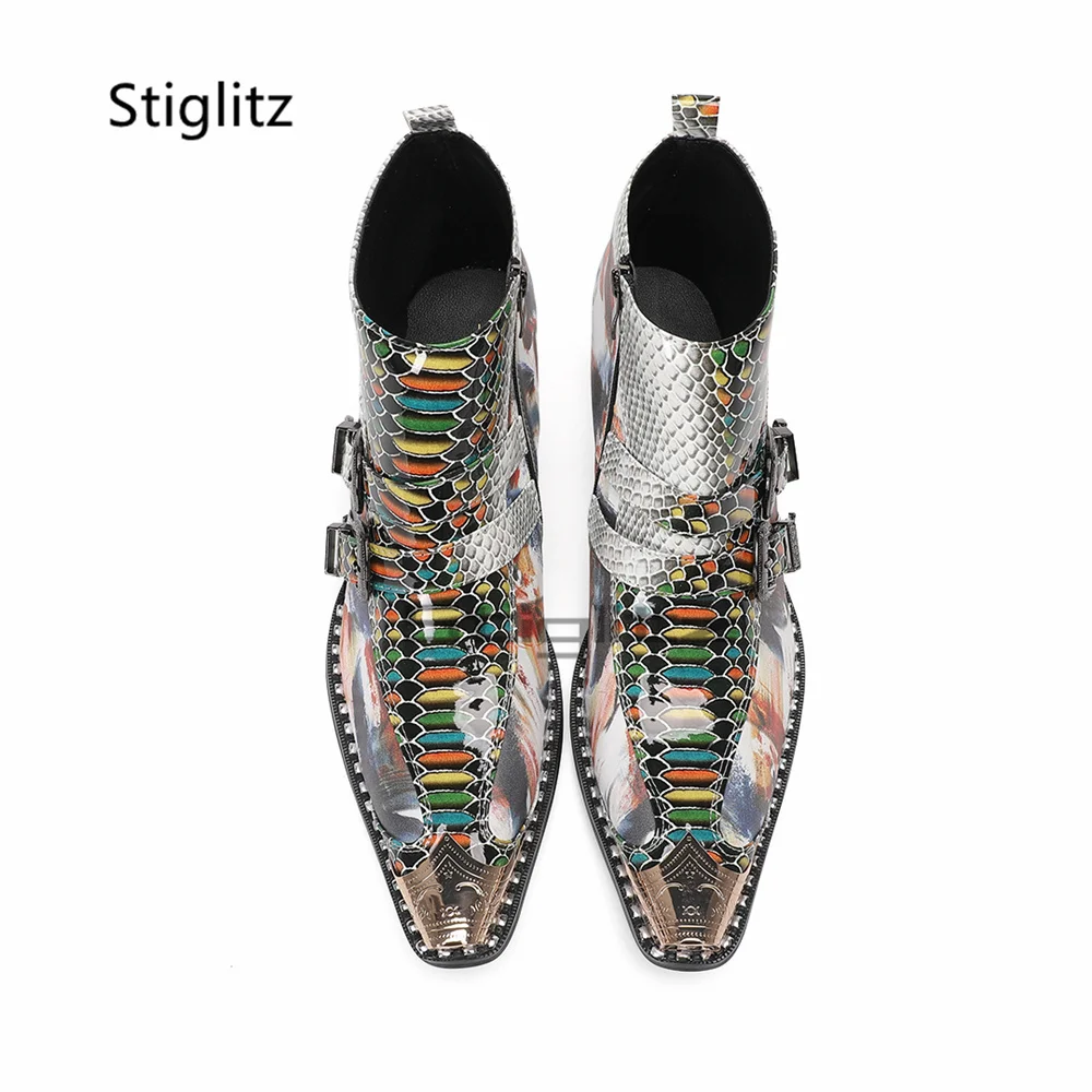 Prints Alligator Leather High Heels Chelsea Boots for Men Double Buckle Patchwork Metal Pointed Toe Ankle Boots Business Shoes