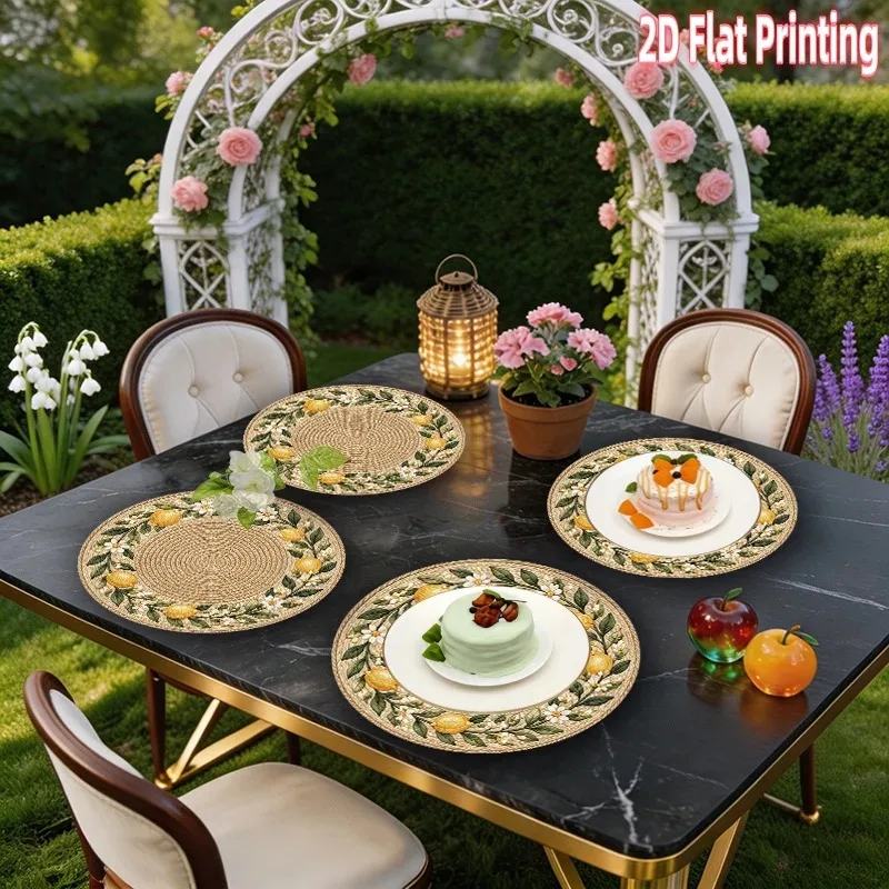 4-Piece 2D Printed Placemats - Imitation Rattan Lemon Flower Round - 15-Inch Polyester Tablecloth, Home Decoration, Festival Use view 3