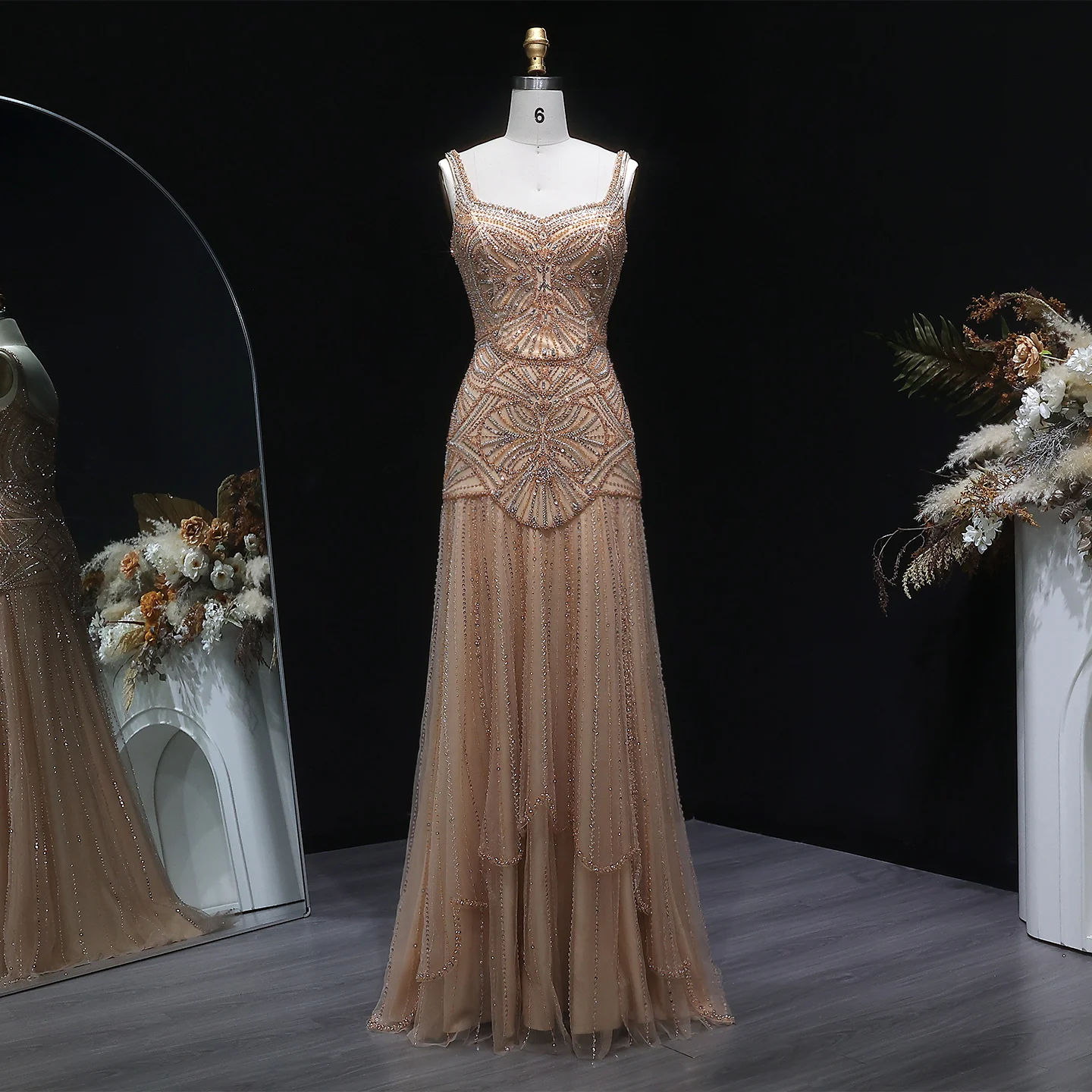 Sharon Said Dubai Champagnerfarbenes Abendkleid mit Spaghettiträgern und Kristallen, Arabisches Damen-Hochzeitskleid, SS552, Maßanfertigung – Detail 6