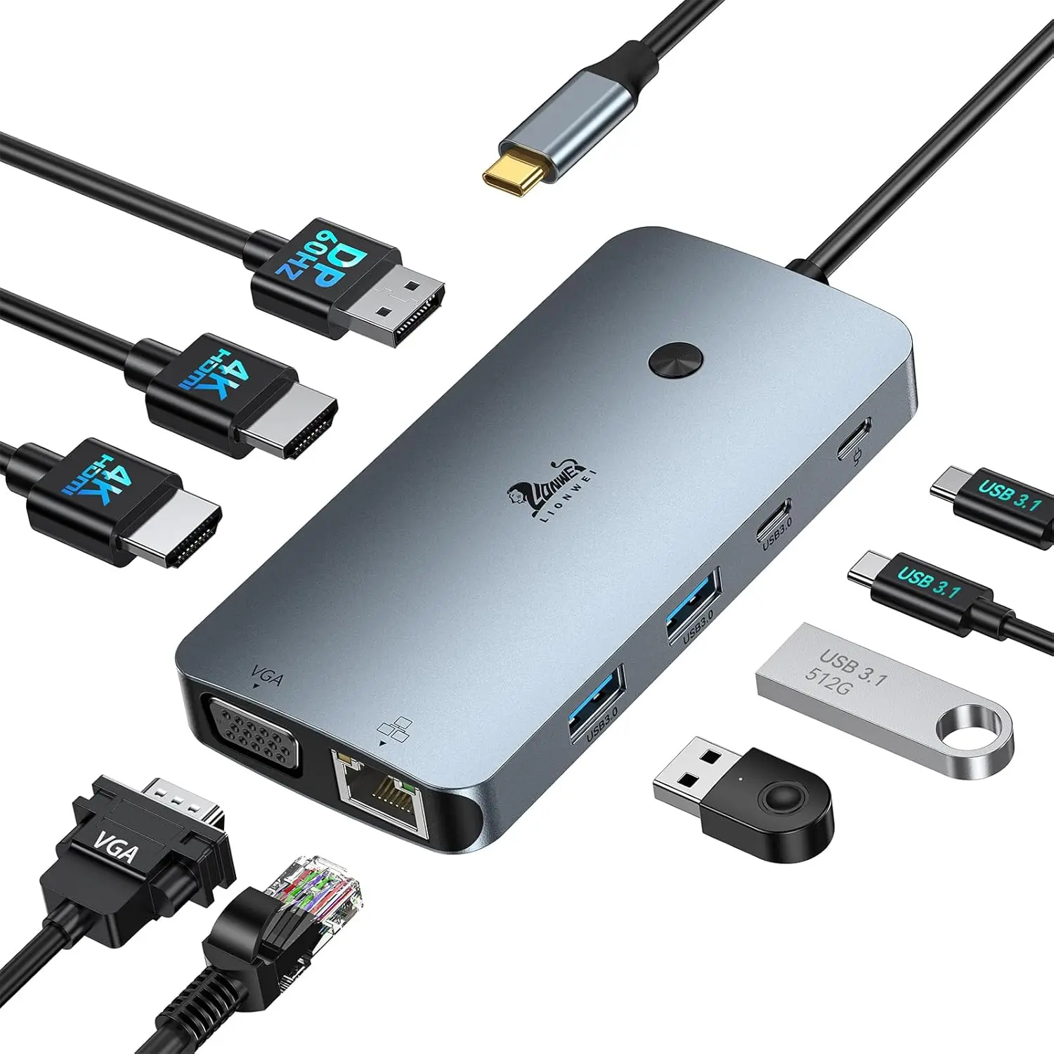 

Многофункциональная док-станция USB-C 9-в-1 для ноутбуков, поддержка 4 мониторов, два HDMI+DP+VGA, зарядка PD 100 Вт