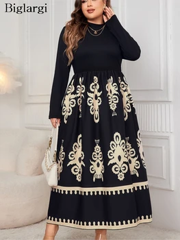 Plus Größe Herbst Langarm Kleid Frauen Geometrische Drucken Mode Rüschen Gefaltete Damen Kleider Lose Beiläufige Frau Langes Kleid