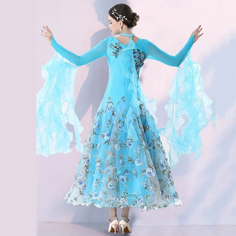 2023 New Women\'s Performance Party Embroidery Rhinestones Ballroom Dance Dress Long Sleeve Modern Waltz Costumes