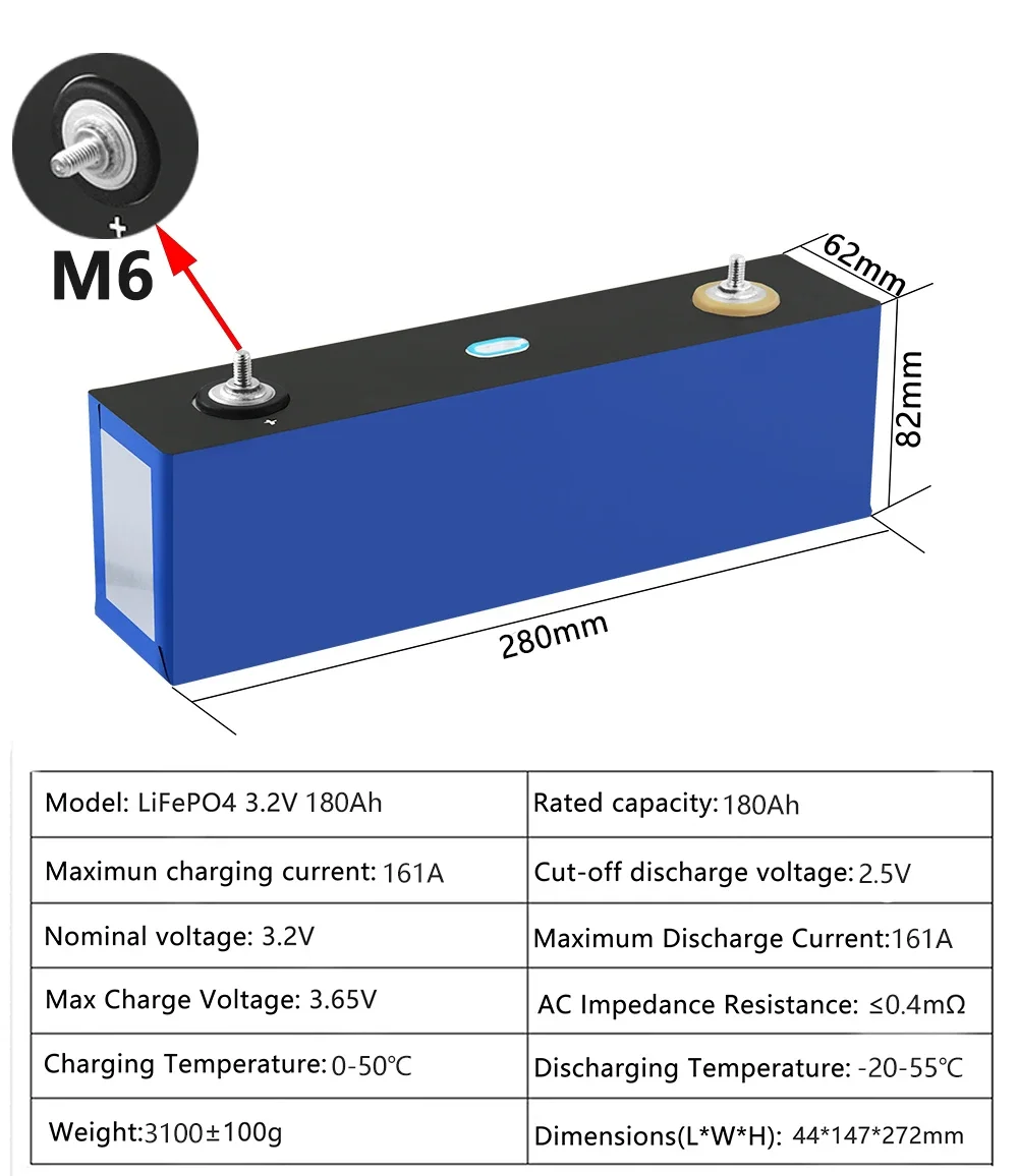 LiitoKala 3.2V 180Ah Lifepo4 batterie haute courant grande capacité cellules de voiture bricolage 12V 24V stockage d'énergie solaire RV voiture de golf