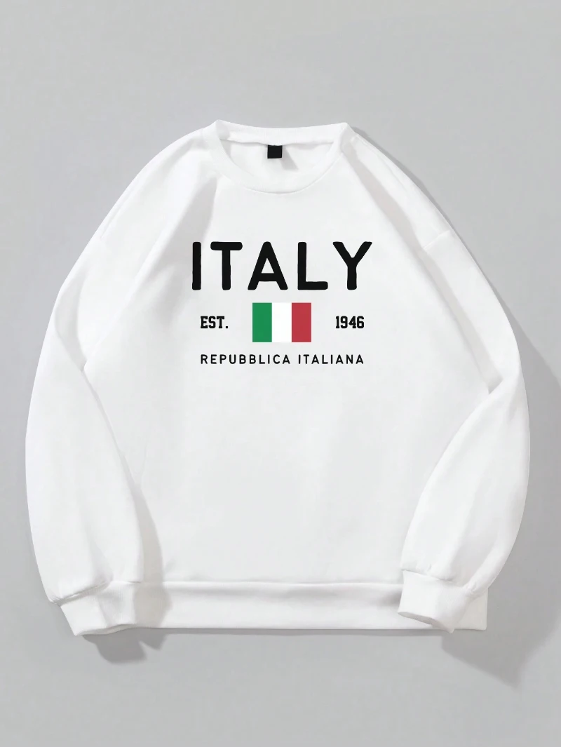 Casual Women Hoodies Italy Est.1946 Republicblica Italiana Print Pullover Loose Crewneck Warm Fleece Sweatshirt Autumn Streetwear