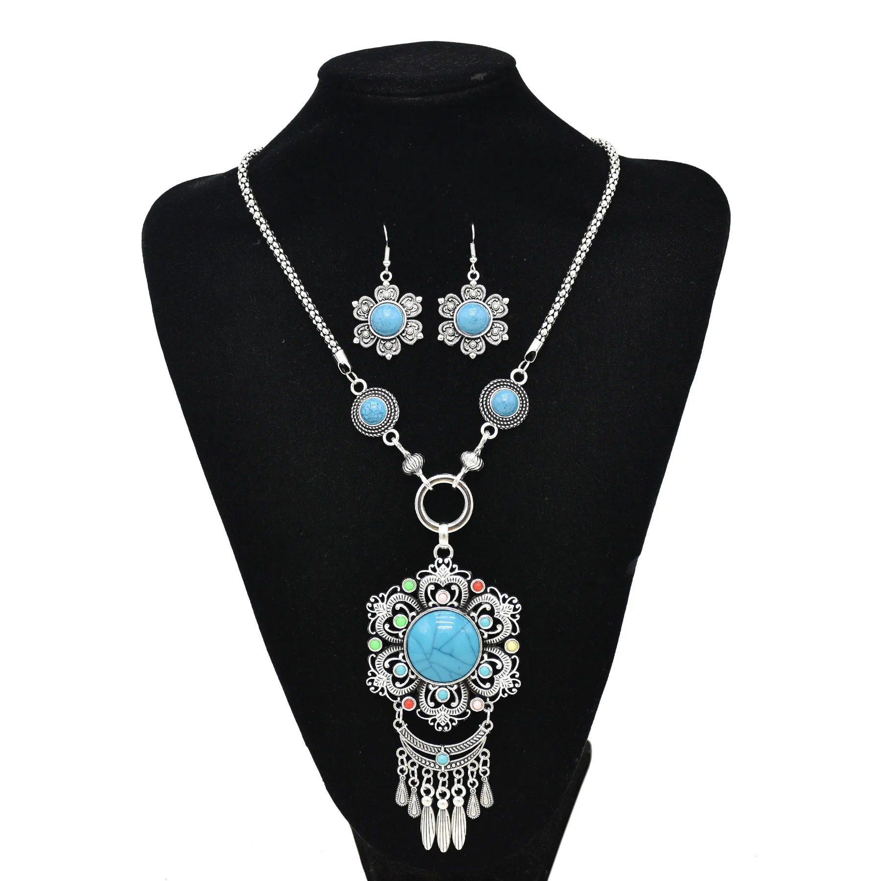 Gypsy Tibetan Silver Metal Hollow Flower Necklaces Earrings Sets for Women Bohemian Turkish Tribal Afghan Stone Jewelry Sets