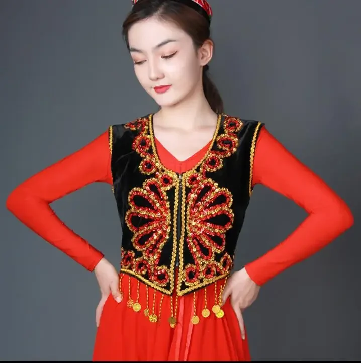 Chinese Xinjiang Uygur Dance Embroidered Sequin Vest Stage Performance Short Tops Women