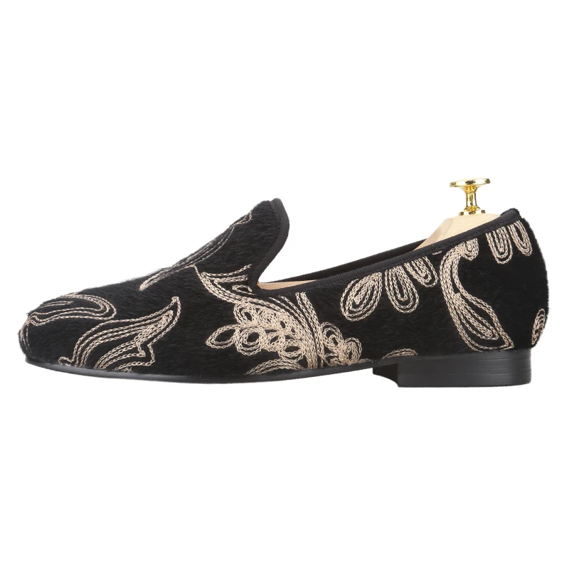 Piergitar Light Gold Color Jacquard Flower Of Black Fur Men's Loafers Handcrafted Slip-On Slippers With Quilted Cotton Inside