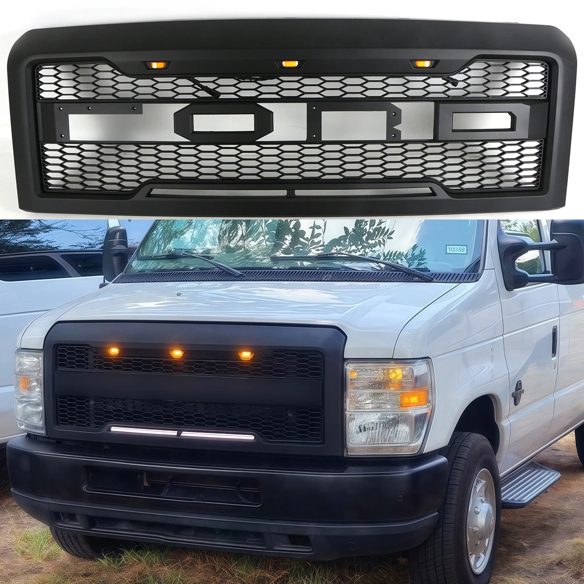 

Front Grill W/Light Fits For 2008-2014 FORD E150 E250 E350 Black Grille