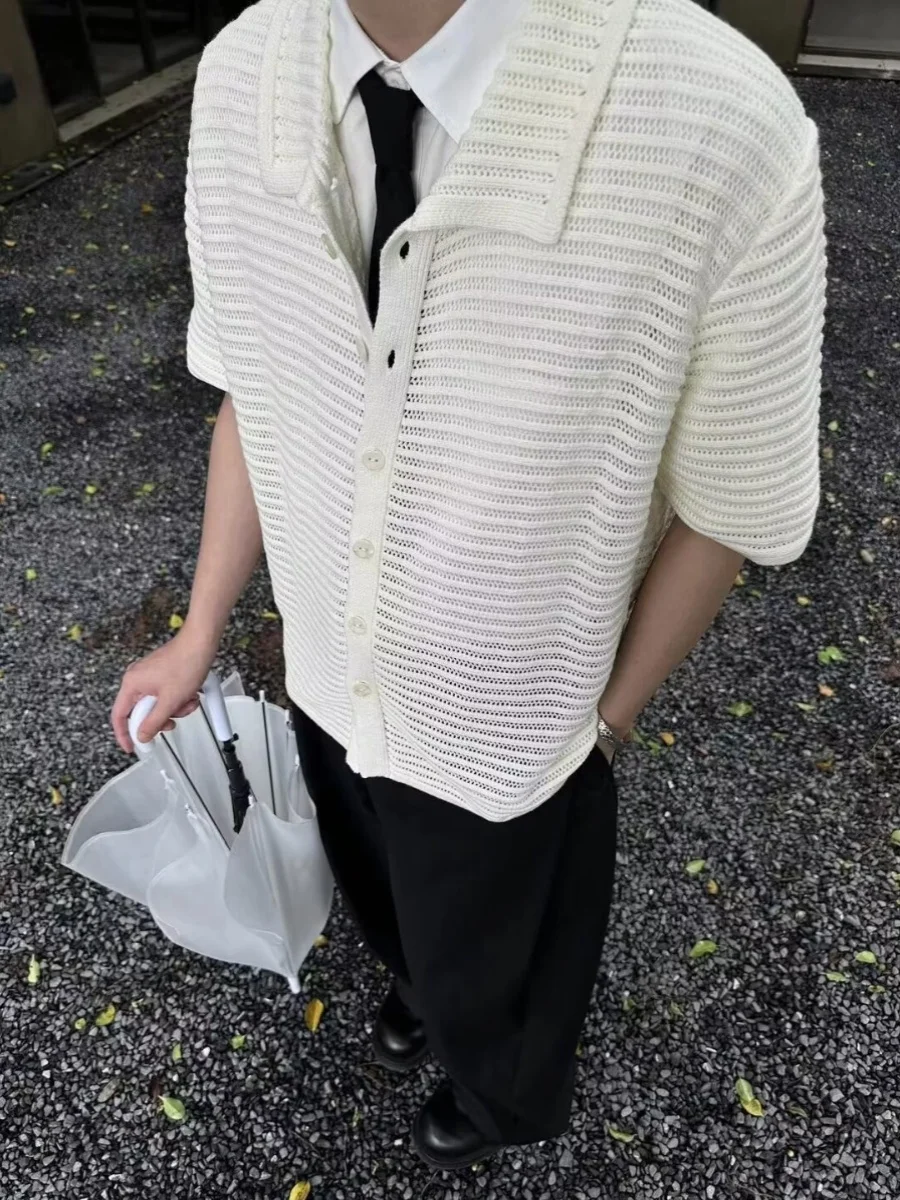 

Retro Money Design Hollow Knitted ort Sve Men's Casual Loose irt Summer Trendy Faion Single-color Turn-down Collar