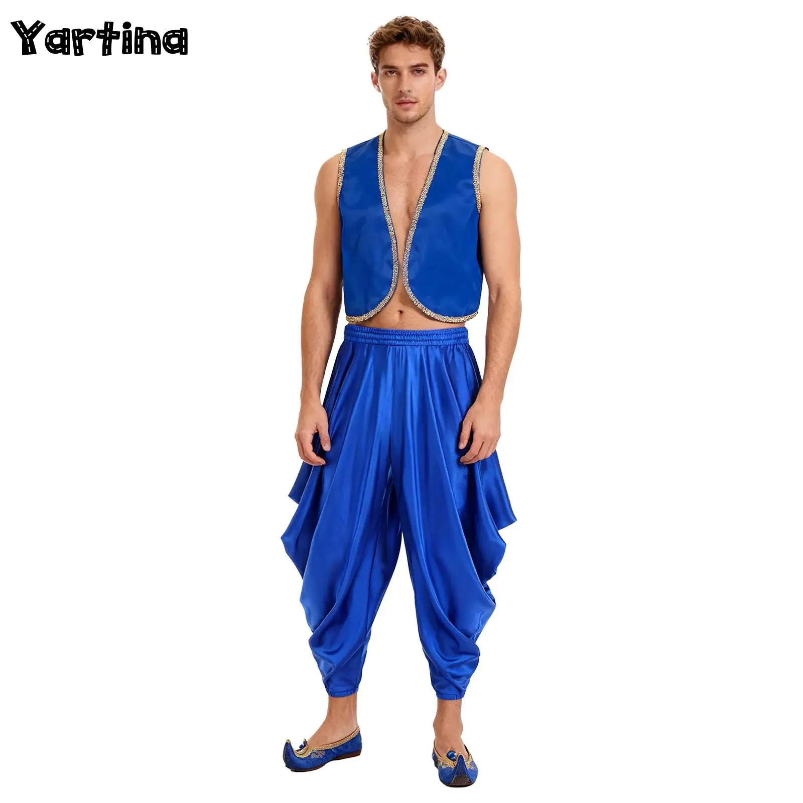 فستان الأمير العربي للرجال زي تنكري للكرنفال مزين بالذهب بدون أكمام سترة أمامية مفتوحة وسراويل حريمي بحزام خصر مطاطي