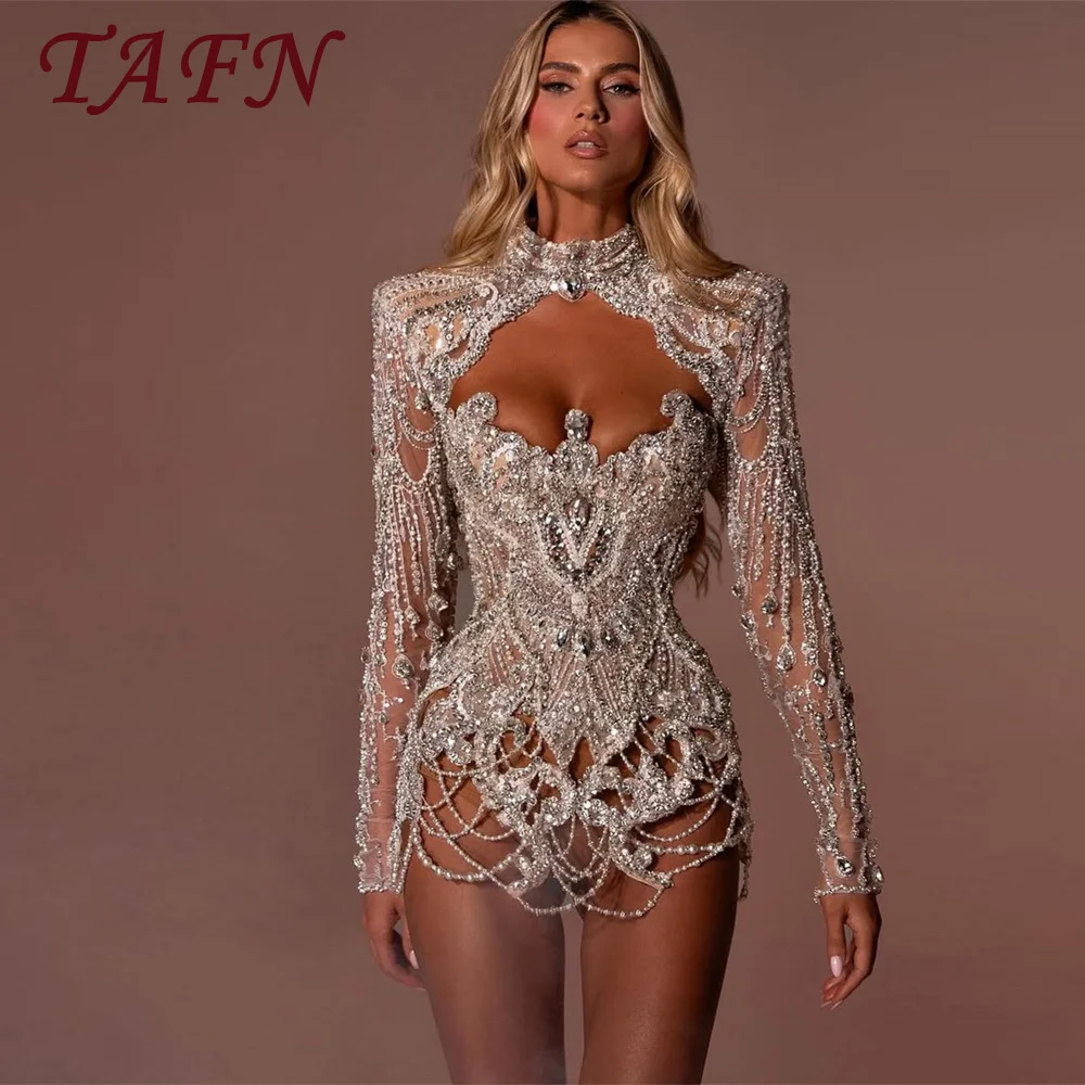 

TAFN Luxury Beading Crystal Short Party Prom Dresses Handmade Customized Mermaid Mini Evening Gown Sweetheart Neck with Jacket