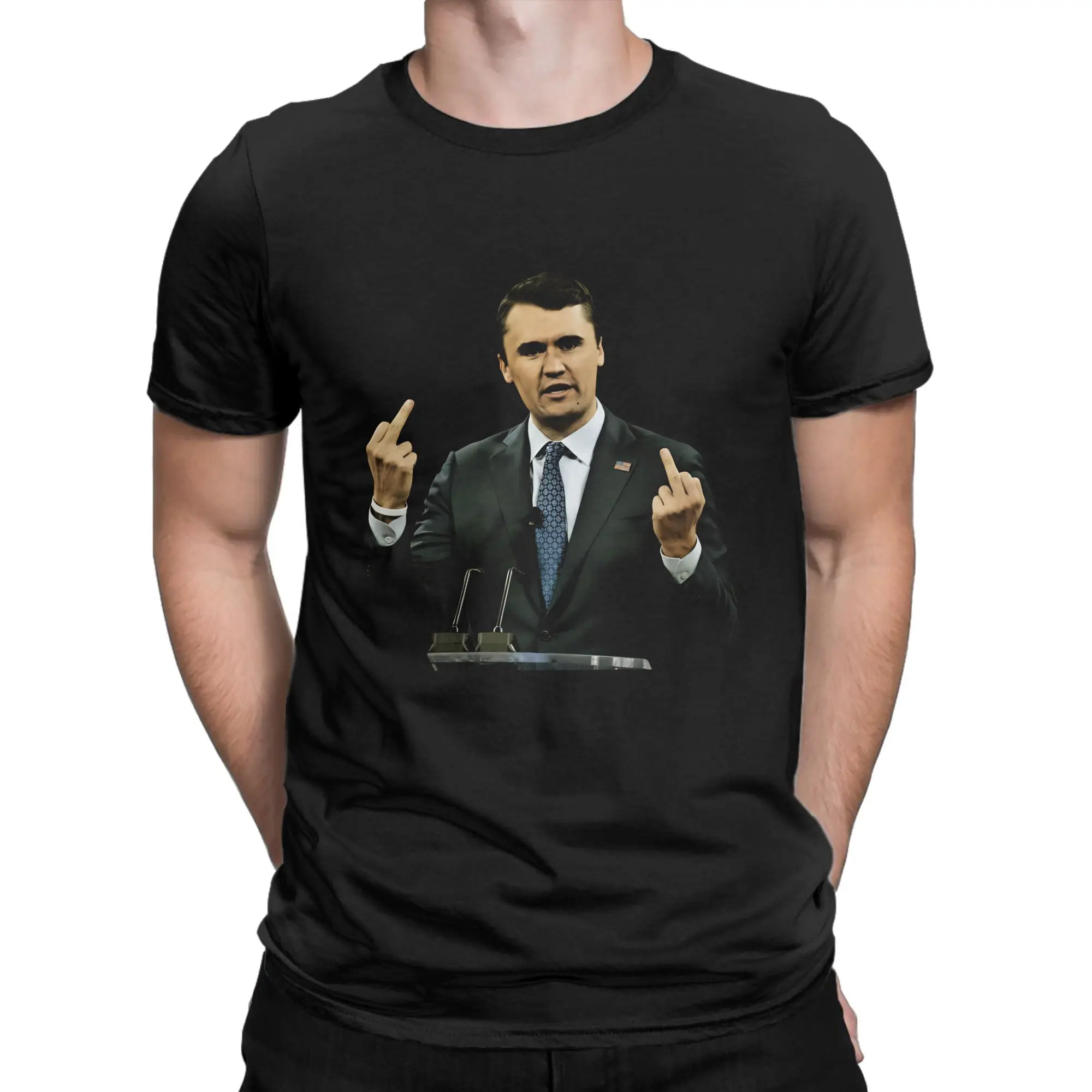 Charlie Kirk Midle finger T-Shirt Men  Crazy Pure Cotton Tee Shirt Crewneck Short Sleeve T Shirts Classic Clothing