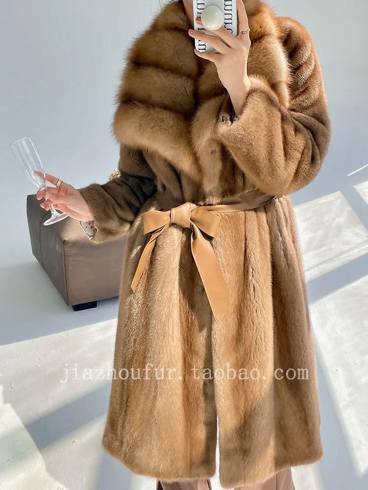 100% natural mink 2023 New Sable Collar Mink Coat Women's Whole Sable Imported Long High-end Big Brand Young Mink Fur Coat