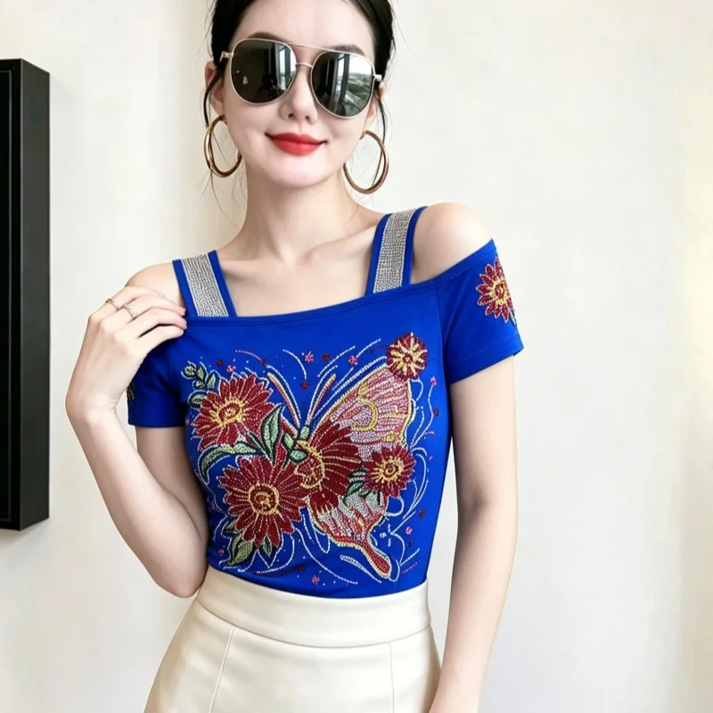 Streetwear Girl Summer Mesh T-Shirt Chic Fashion Hot Diamonds Tops Women's Sexy Off Shoulder Short Sleeve Slim Tees Shirt