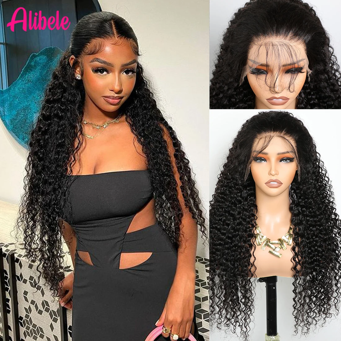 

ALIBELE 13x4 Curly Lace Front Wig 12A Virgin Hair Pre Plucked Transparent Lace Frontal Human Hair Wig Natural Black For Women