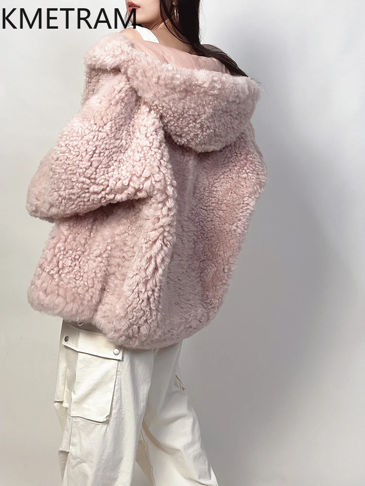 Jaket Bulu Berwajah Ganda Kulit Domba Wol Alami Mantel Bulu Asli Longgar Mode Wanita dengan Tudung Pakaian Wanita Musim Dingin 2025 Abrigos