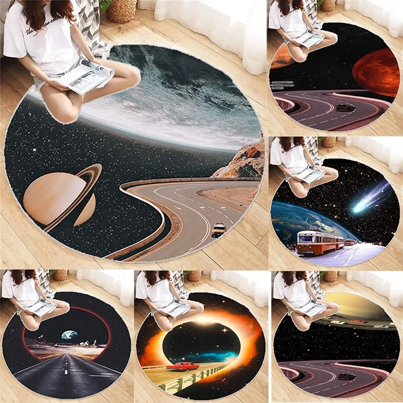 Spacewalk Round Carpet Vintage Design Living Room Bedroom Washable Art Home Bedroom Rug Aesthetics Mat Originality Decoration