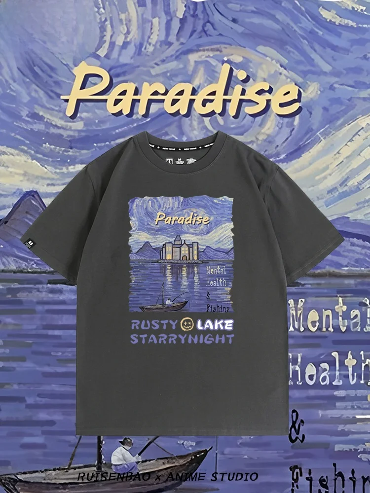 

Ruslake Collaborative Vintage Men's T-irt Pure Cotton Loose ort Sve Printed Summer Faion Casual round Ne Top