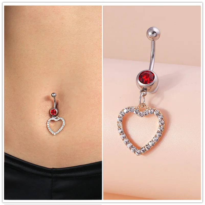 Aihua Edelstahl-Nabelringe mit Herz für Damen, schlichte Zirkon-Liebesherz-Nabelringe, Piercings, Ombligo-Körperschmuck – Detail 1
