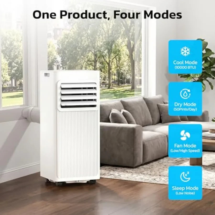 Portable air conditioner for bedroom and apartments, aluminum housing, white, 10000 BTU cooling capacity for rooms up to 550 sq