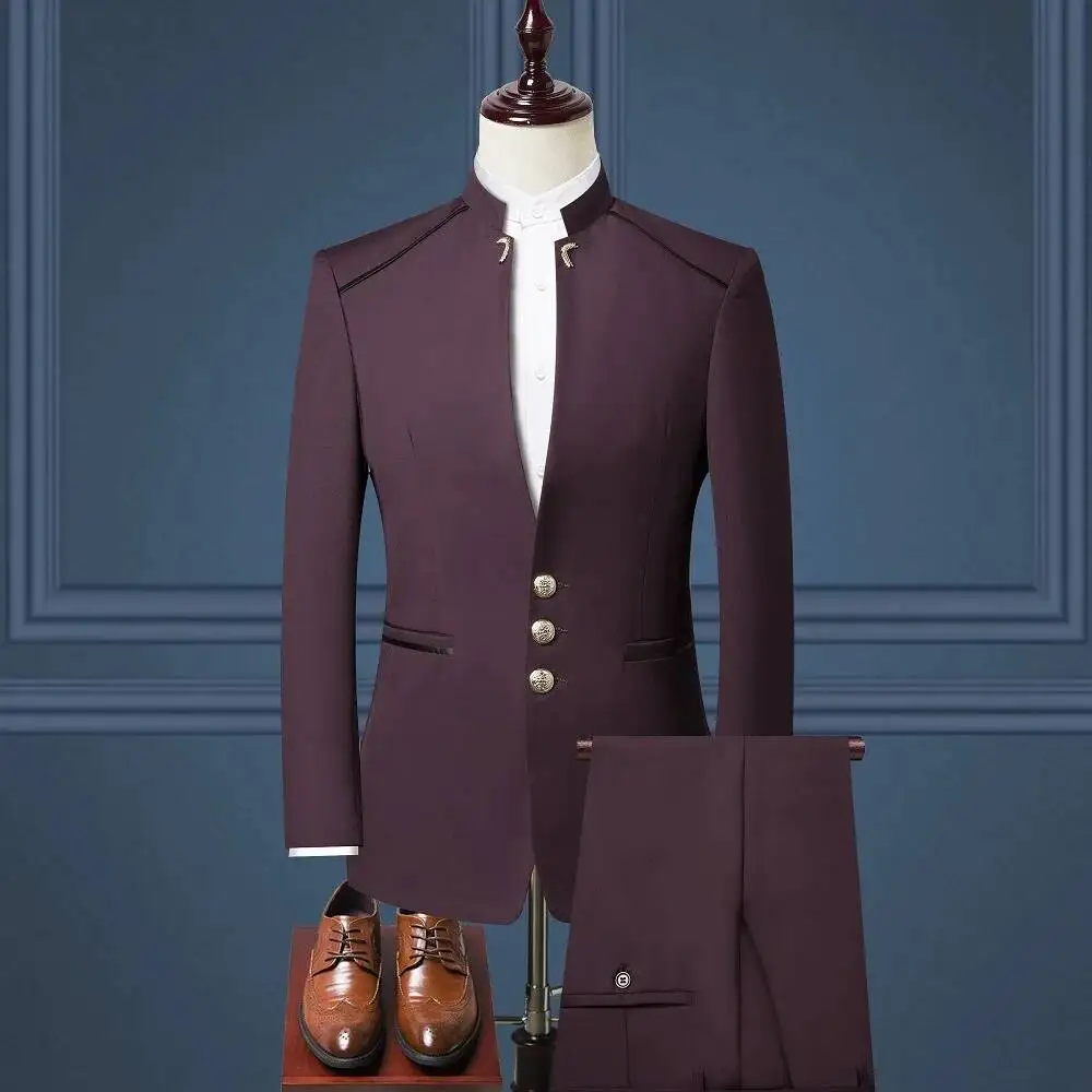 Three 2023 Youth Zhongshan Suit Piece Performance Costume, Chinese Stand Collar Slim Fit Western Costume, Wedding Dress, Tang