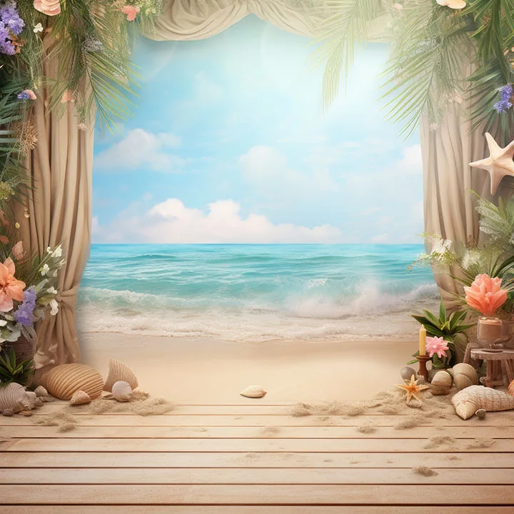 Mehofond ฉากหลังของการถ่ายภาพ, ถ่ายภาพฤดูร้อนชายหาดริมทะเลดอกไม้เขตร้อนวันเกิดสำหรับเด็กปาร์ตี้ฉากหลังสตูดิโอถ่ายภาพ