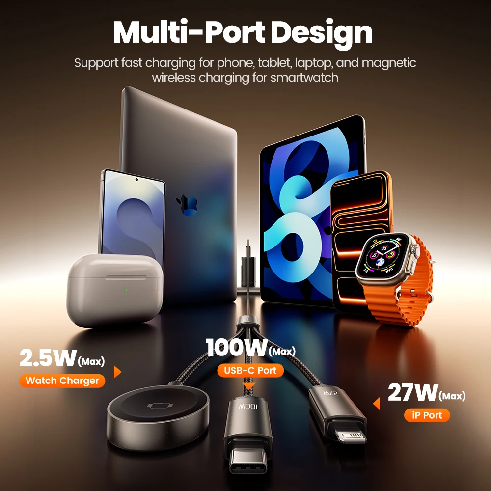 Toocki 100W USB C To USB C iP Port Cable 3-in-1 Fast Charge Cable For iPhone 17 16 11-14 Series With Watch Charger For iWatch SE