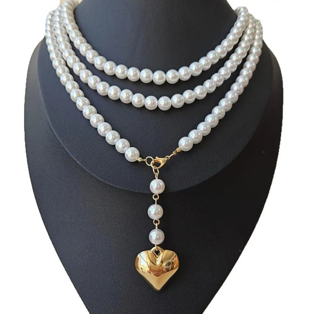 

Ele Long Pearl Heart Pendant Nelace for Women Layered Clavicle Chain Jewelry Cross-Border Accories