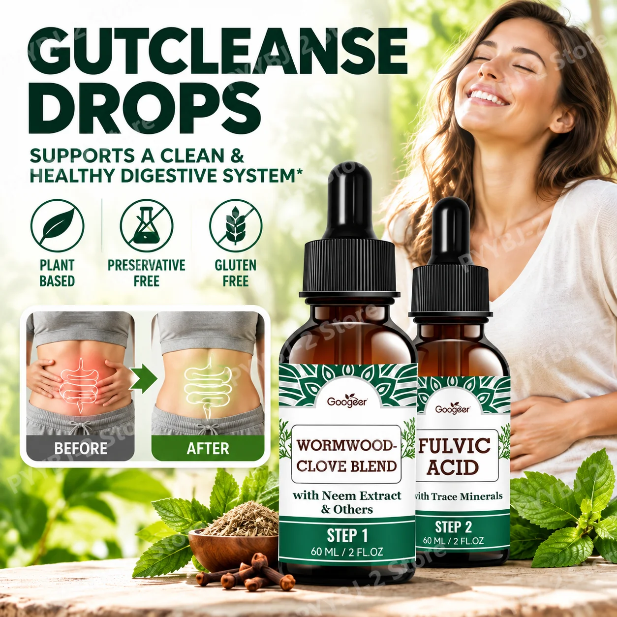 Fulvic Acid Gut Cleanse Drops with Wormwood, Clove and Neem Extract, MCT Oil for Intestinal Comfort, Two-Step Kit, 2 x 60ml