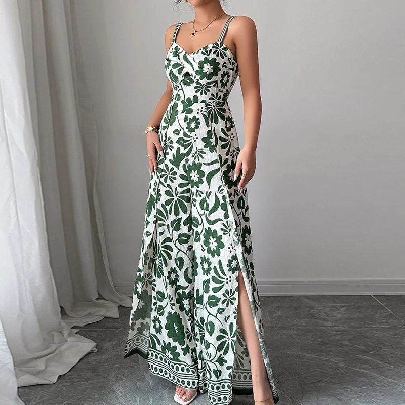 

Suspender Floral Print Slim Jumpsuits For Women Temperament High Waist Twist Wide Leg Rompers Fashion Side Split Commute Rompers